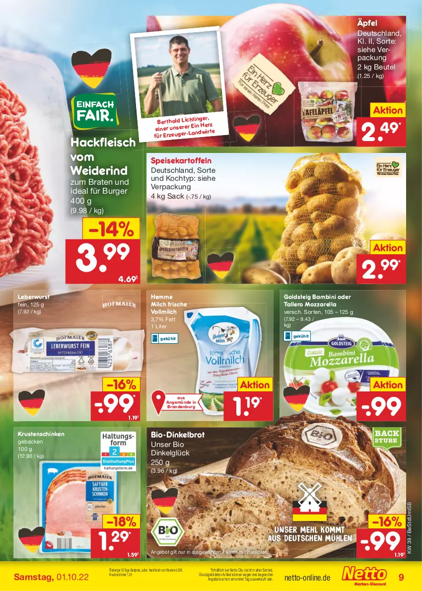 Aktueller Prospekt Netto Marken-Discount - Filial-Angebote - von 26.09 bis 01.10.2022 - strona 9 - produkty: angebot, backofen, bestpreis, beutel, bio, braten, brot, burger, Dinkelbrot, eis, fleisch, geback, goldsteig, hackfleisch, kartoffel, kartoffeln, Krustenschinken, leberwurst, LG, mehl, milch, mozzarella, Ofen, reis, rel, rind, sac, schinken, speisekartoffeln, stube, Ti, vollmilch, wurst, ZTE