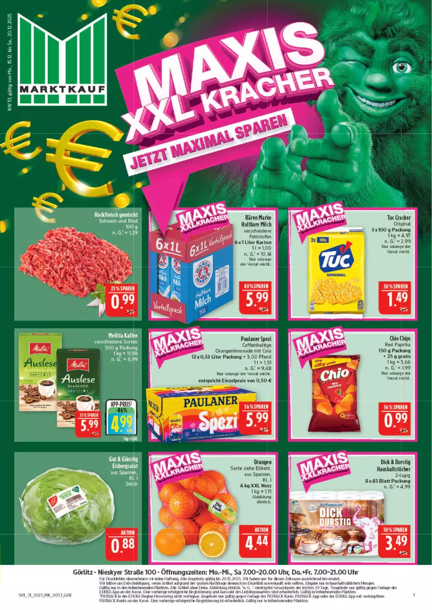 Aktueller Prospekt Marktkauf - Prospekt - von 14.12 bis 20.12.2025 - strona 1 - produkty: angebot, angebote, chio chips, chips, coffein, cola, cracker, deka, eis, gin, haltbare milch, haushaltstücher, limo, limonade, lion, milch, orange, orangen, paprika, Paula, paulaner, payback, reis, rind, schwein, schwein und rind, Spezi, Ti, tuc, tücher, uhr, wein, ZTE