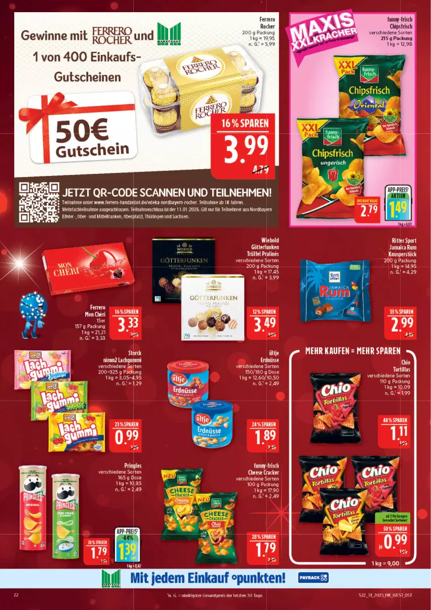Aktueller Prospekt Marktkauf - Prospekt - von 14.12 bis 20.12.2025 - strona 22 - produkty: chips, chipsfrisch, cracker, deka, eis, ente, ferrero, Ferrero Rocher, funny-frisch, gutschein, gutscheine, lachgummi, nimm2, reis, rum, tee, Ti, tortilla, tortillas, Trüffel, ültje, ZTE