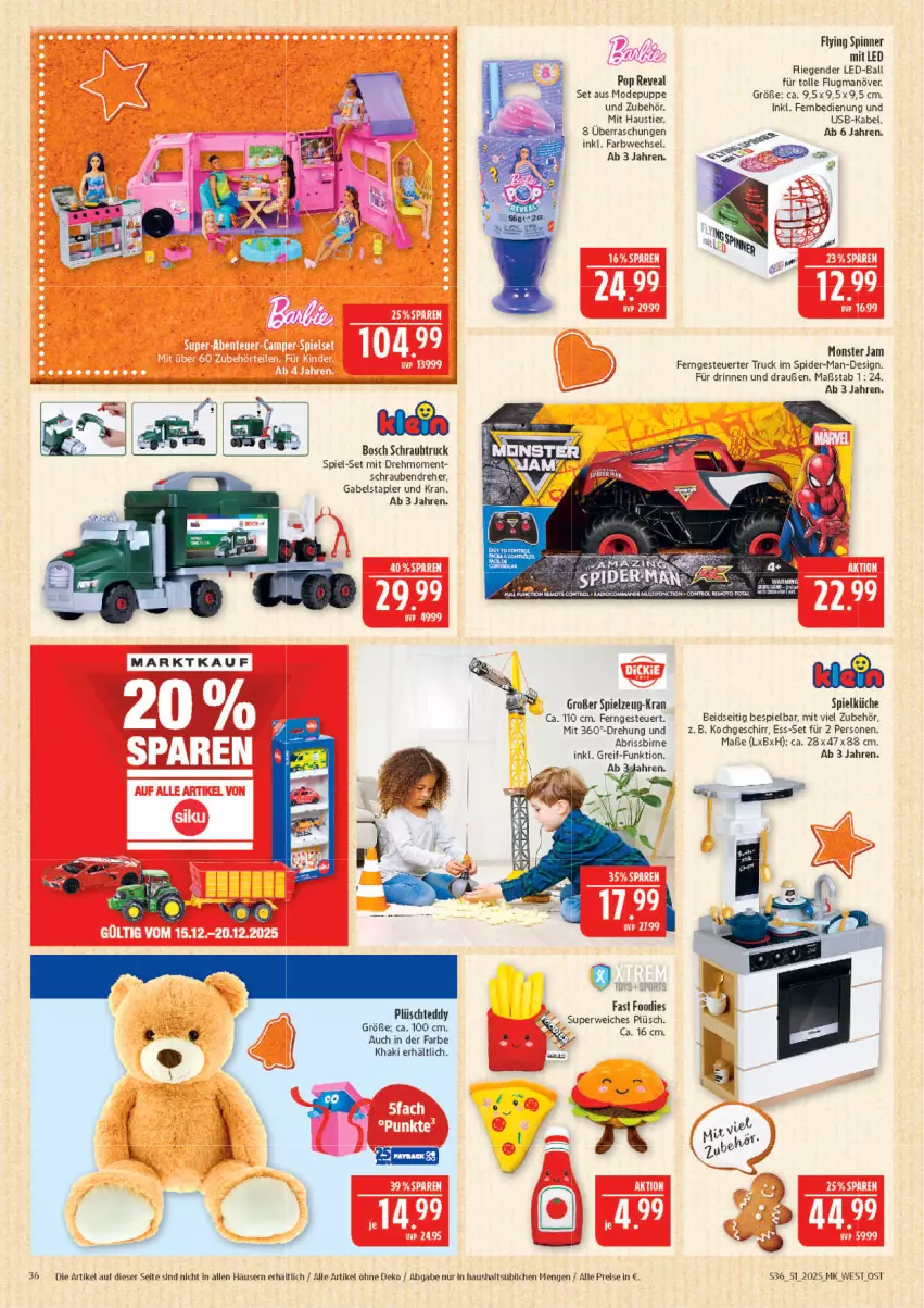 Aktueller Prospekt Marktkauf - Prospekt - von 14.12 bis 20.12.2025 - strona 36 - produkty: aust, ball, bosch, eis, fernbedienung, gabel, geschirr, küche, Mode, monster, Plüsch, Puppe, Radio, reis, rwe, schrauben, Schraubendreher, spider-man, Spielküche, spielzeug, Stier, Ti, usb