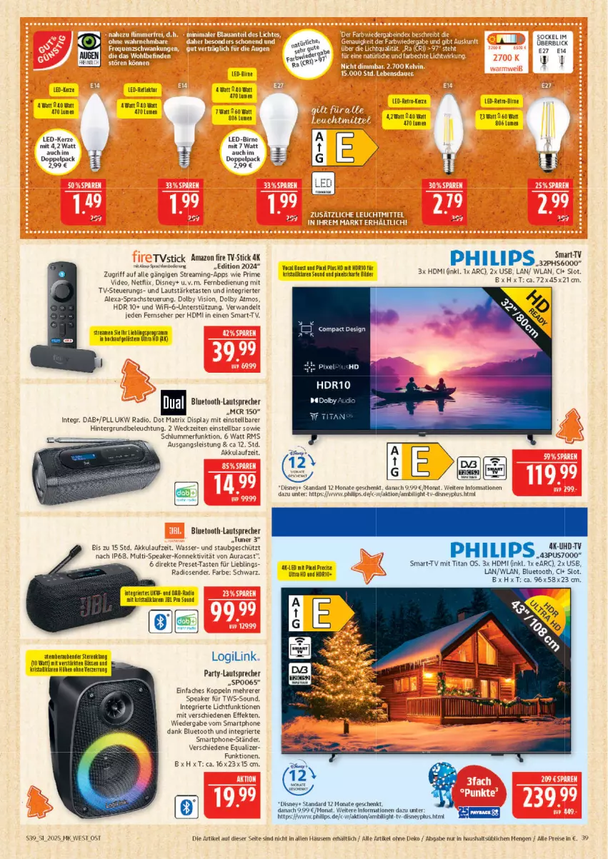 Aktueller Prospekt Marktkauf - Prospekt - von 14.12 bis 20.12.2025 - strona 39 - produkty: akku, alexa, Atrix, beleuchtung, bluetooth-lautsprecher, deo, disney, eis, fernbedienung, fernseher, HDMI, jbl, kerze, lautsprecher, LED-Kerze, netflix, Philips, Radio, reis, smartphone, Ti, tuner, uhd, UHD-TV, usb, wasser, weck, Yo