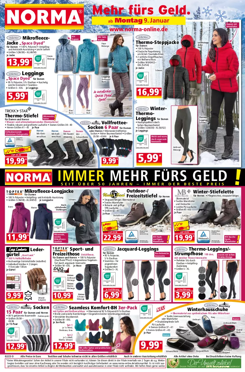 Aktueller Prospekt Norma - Norma - von 09.01 bis 16.01.2023 - strona 1 - produkty: aqua, asti, Bau, baumwolle, Bebe, beere, braun, Brei, decksohle, dell, eis, Elan, elle, gin, Hausschuhe, hose, Jacke, Kuschelweich, leggings, mab, mikrofaser, Mode, reis, Ria, rum, schuhe, socken, Spiele, Sport, Steppjacke, Strumpfhose, Tasche, taschen, tee, Thermoleggings, Ti, Tipi, tisch, wasser, wolle