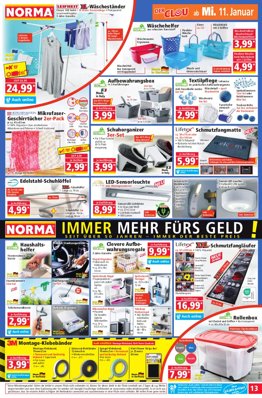 Aktueller Prospekt Norma - Norma - von 09.01 bis 16.01.2023 - strona 13 - produkty: apfel, aufbewahrungsbox, ball, batterie, batterien, Beba, Bebe, blume, blumen, Brei, bügel, bürste, Clin, decke, Deckel, dell, edelstahl, eimer, eis, elle, fenster, geschirr, geschirrtücher, gin, Holz, jumbo, Klammern, kleid, kleider, kleiderbügel, korb, küche, Küchen, Küchenregal, küchenrolle, küchenrollen, kühlschrank, lamm, Läufer, lavendel, LED-Leuchte, led-licht, Leuchte, leuchten, Löffel, Mett, mikrofaser, mikrowelle, Mode, ndk, paar schuhe, quad, regal, reifen, reis, Ria, Rollenbox, Roller, Schmetterling, schmutzfangmatte, Schrank, schuhe, schüssel, sonnenblume, sonnenblumen, spiegel, Spiele, staubsauger, Teleskop, Ti, tisch, Trockner, tücher, Universal-Klettbinder, Wanne, wäschekorb, waschmittel