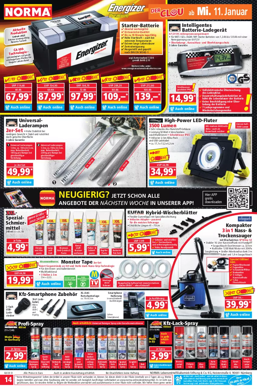 Aktueller Prospekt Norma - Norma - von 09.01 bis 16.01.2023 - strona 14 - produkty: adapter, akku, angebot, angebote, arla, auer, auto, Bank, batterie, batterien, beutel, Calcium, deka, edelstahl, eis, Elektro, elle, energizer, ente, felgen, gin, Intel, Kette, kraft, lack, ladegerät, ladekabel, latte, lebensmittel, LED-Fluter, LG, messer, monster, papier, powerbank, reifen, reiniger, reis, sattel, schlauch, smartphone, Spezi, Ti, Trockensauger, überhitzungsschutz, usb, wasser