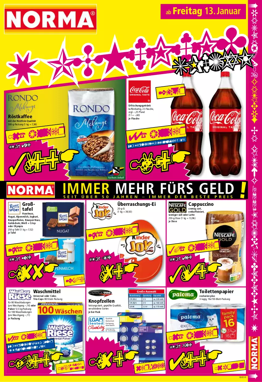 Aktueller Prospekt Norma - Norma - von 09.01 bis 16.01.2023 - strona 15 - produkty: alpenmilch, Cap, cappuccino, cin, eis, elle, erfrischungsgetränk, flakes, flasche, getränk, haselnuss, joghur, joghurt, kaffee, latte, milch, nuss, papier, röstkaffee, Ti, toilettenpapier, waschmittel