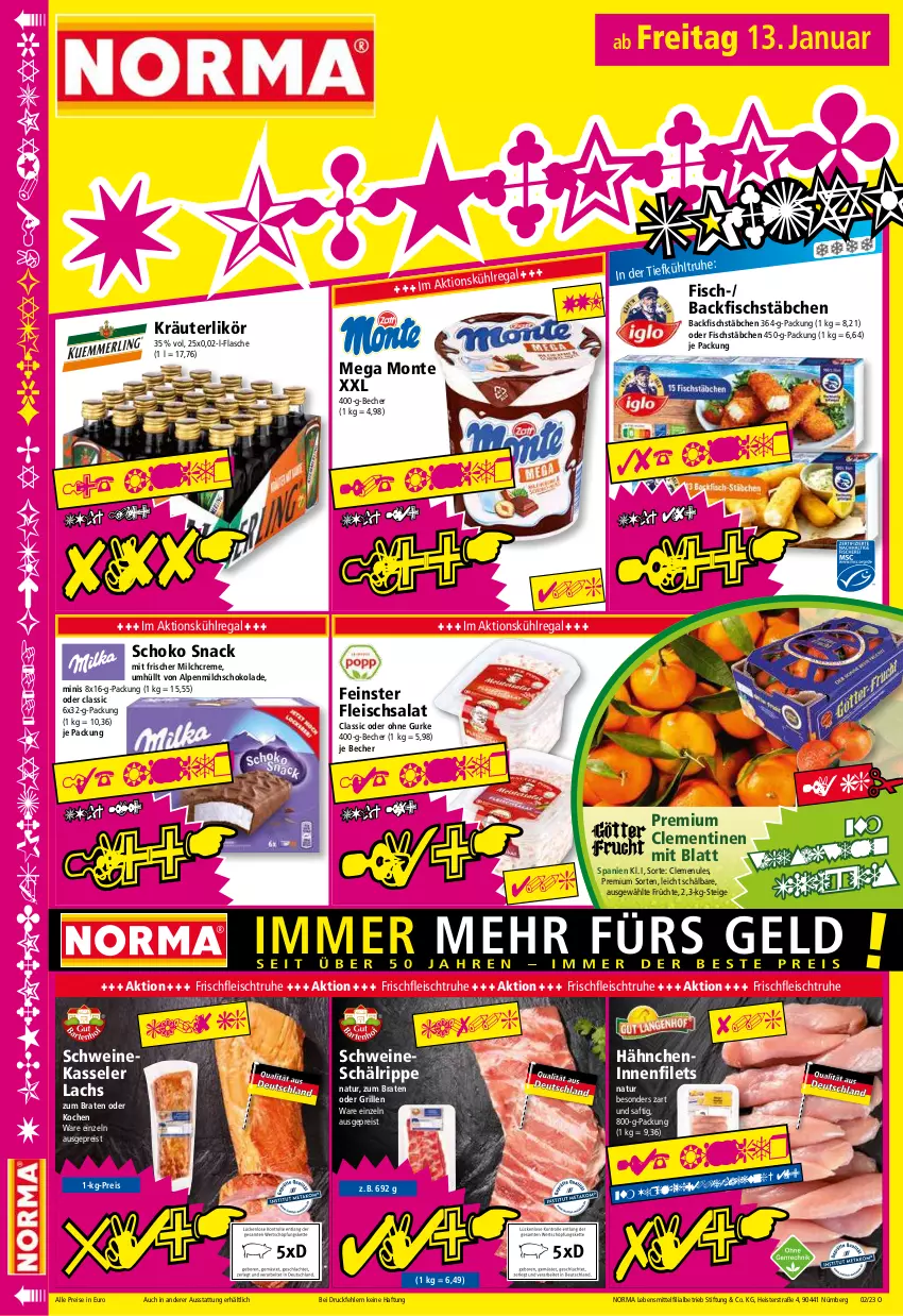 Aktueller Prospekt Norma - Norma - von 09.01 bis 16.01.2023 - strona 16 - produkty: alpenmilch, backfisch, Becher, braten, clementinen, creme, eis, filet, filets, fisch, fischstäbchen, flasche, fleisch, fleischsalat, früchte, grill, gurke, kasseler, kräuter, kräuterlikör, kühlregal, lachs, lebensmittel, likör, milch, monte, natur, regal, reis, saft, salat, schoko, schokolade, schwein, schweine, snack, Ti, tiefpreis, wein, weine