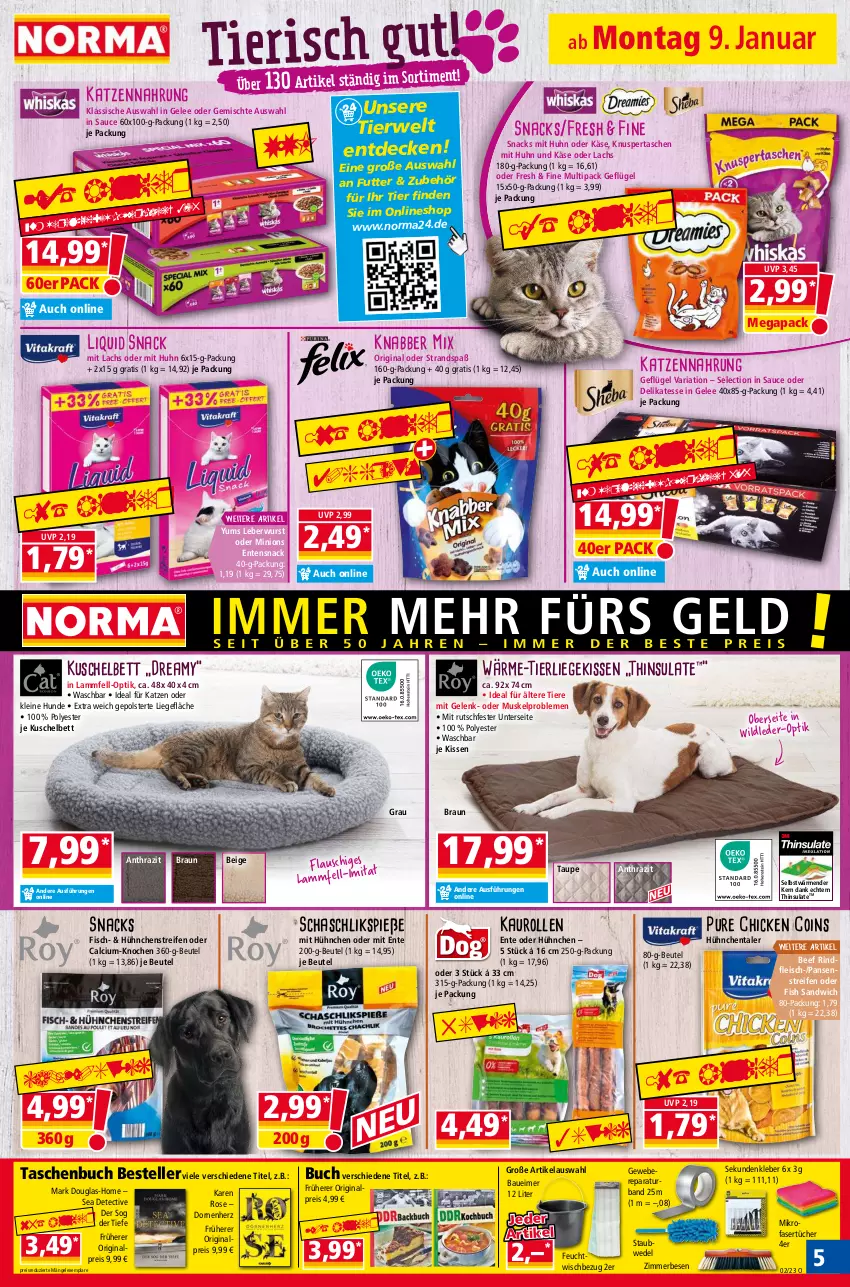 Aktueller Prospekt Norma - Norma - von 09.01 bis 16.01.2023 - strona 5 - produkty: Bau, Baueimer, beef, bett, beutel, braun, buch, Calcium, decke, eimer, eis, elle, ente, fisch, fleisch, Geflügel, gelee, gin, Käse, katzennahrung, kissen, kleber, lachs, lamm, Lammfell, leberwurst, leine, Liege, reifen, reis, Ria, rind, rindfleisch, rwe, sandwich, sauce, snack, snacks, staubwedel, Tasche, taschen, Taschenbuch, teller, Ti, Tiere, tücher, wedel, wurst