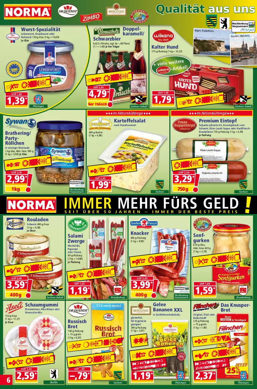 Aktueller Prospekt Norma - Norma - von 09.01 bis 16.01.2023 - strona 6 - produkty: ball, banane, bananen, Becher, bier, brot, eintopf, eis, flasche, fleisch, gelee, gin, gulasch, gurke, gurken, hackfleisch, hering, karamell, kartoffel, kartoffelsalat, Käse, knacker, Kraut, Kreide, kühlregal, leberwurst, LG, lorenz, marinade, peperoni, Peroni, pfanne, regal, ring, Rotwurst, rouladen, russisch brot, salami, salat, schoko, schokolade, schwein, senf, Spezi, Stier, suppe, Ti, topf, Vegeta, vita, wein, wurst, Zartbitterschokolade