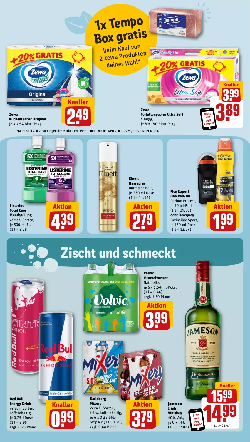 Aktueller Prospekt Rewe - Prospekte - von 16.10 bis 21.10.2023 - strona 11 - produkty: Alwa, coupon, deo, deo roll-on, deospray, drink, eis, elle, elnett, energy drink, gin, haarspray, irish whiskey, jameson, karlsberg, karlsberg mixery, küche, Küchen, küchentücher, listerine, mineralwasser, Mixer, mixery, mundspülung, natur, oder deospray, papier, red bull, reis, rel, roll-on, Roller, Sport, spülung, Tempo, Ti, toilettenpapier, total care, tücher, volvic, wasser, whiskey, zewa