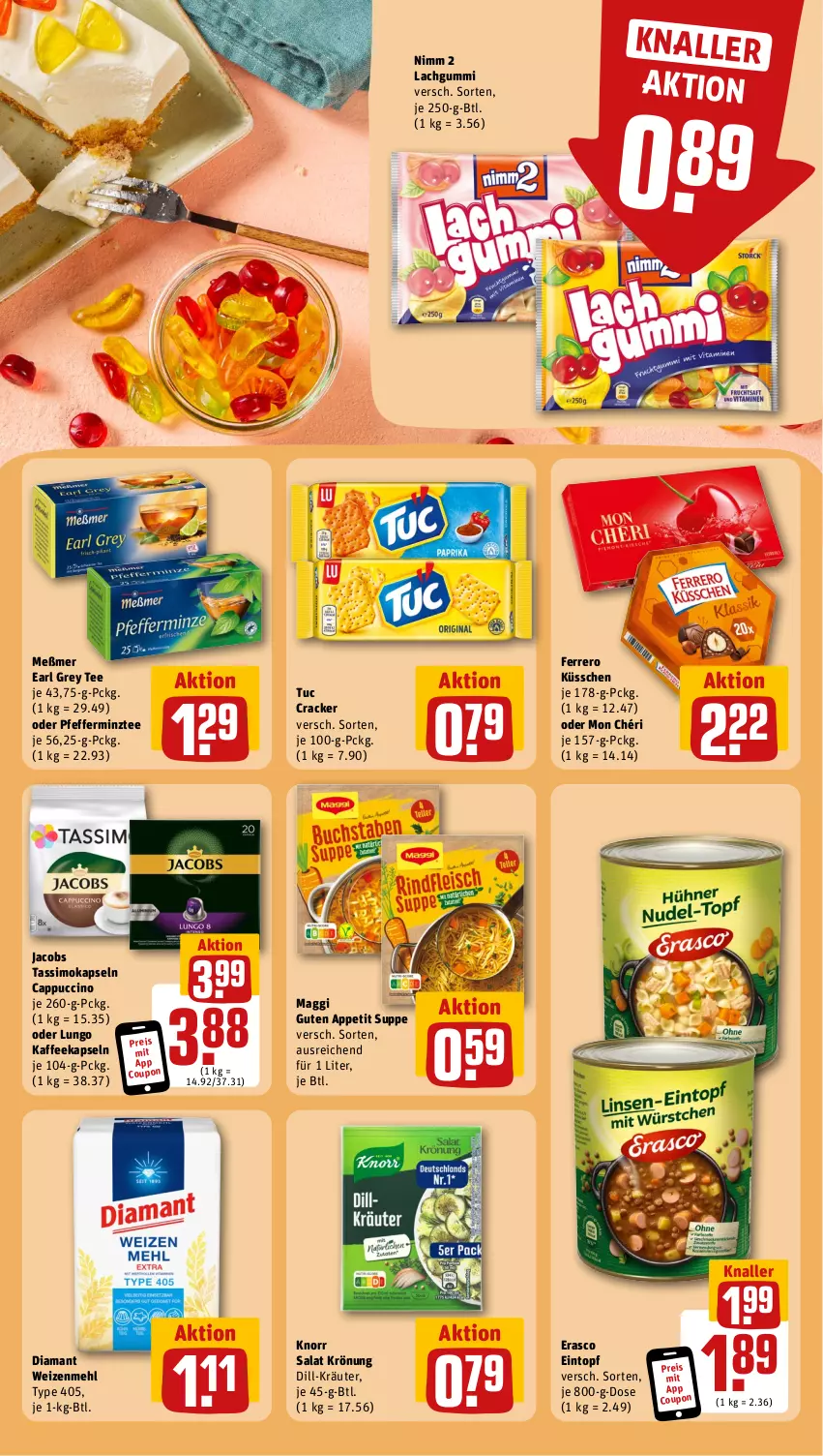 Aktueller Prospekt Rewe - Prospekte - von 16.10 bis 21.10.2023 - strona 12 - produkty: Cap, cappuccino, cin, coupon, cracker, eintopf, eis, erasco, ferrero, Ferrero Küsschen, jacobs, jacobs tassimo, kaffee, kaffeekapseln, knorr, kräuter, lachgummi, lungo, maggi, mehl, Meßmer, Mon Chéri, Nimm 2, pfeffer, reis, salat, sim, suppe, tassimo, tee, Ti, topf, tuc, type 405, weizenmehl, ZTE