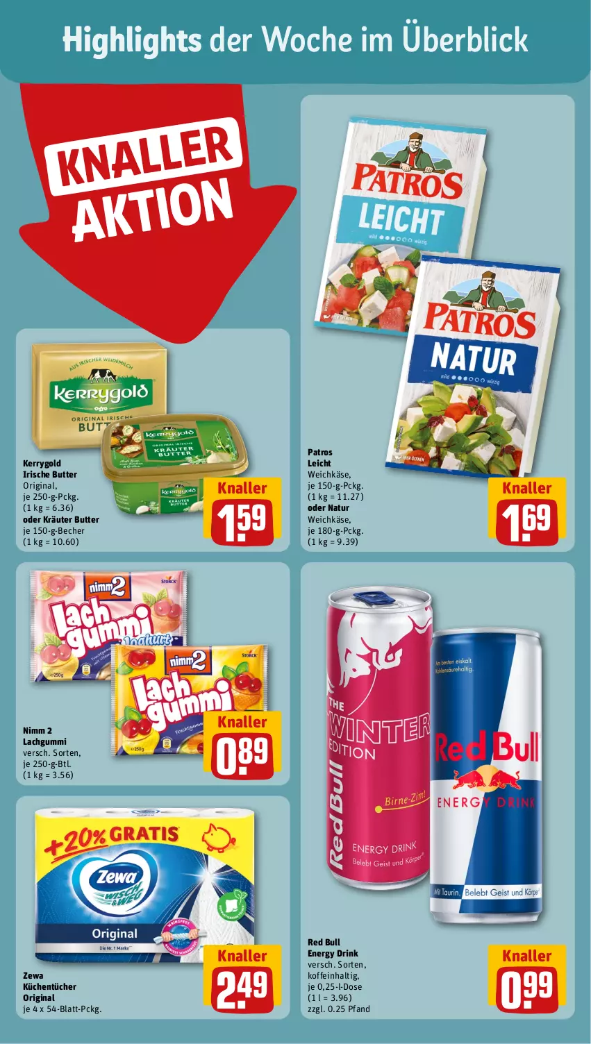 Aktueller Prospekt Rewe - Prospekte - von 16.10 bis 21.10.2023 - strona 2 - produkty: Becher, butter, drink, energy drink, gin, irische butter, Käse, kerrygold, kräuter, küche, Küchen, küchentücher, lachgummi, natur, Nimm 2, oder kräuter, patros, red bull, Ti, tücher, weichkäse, zewa