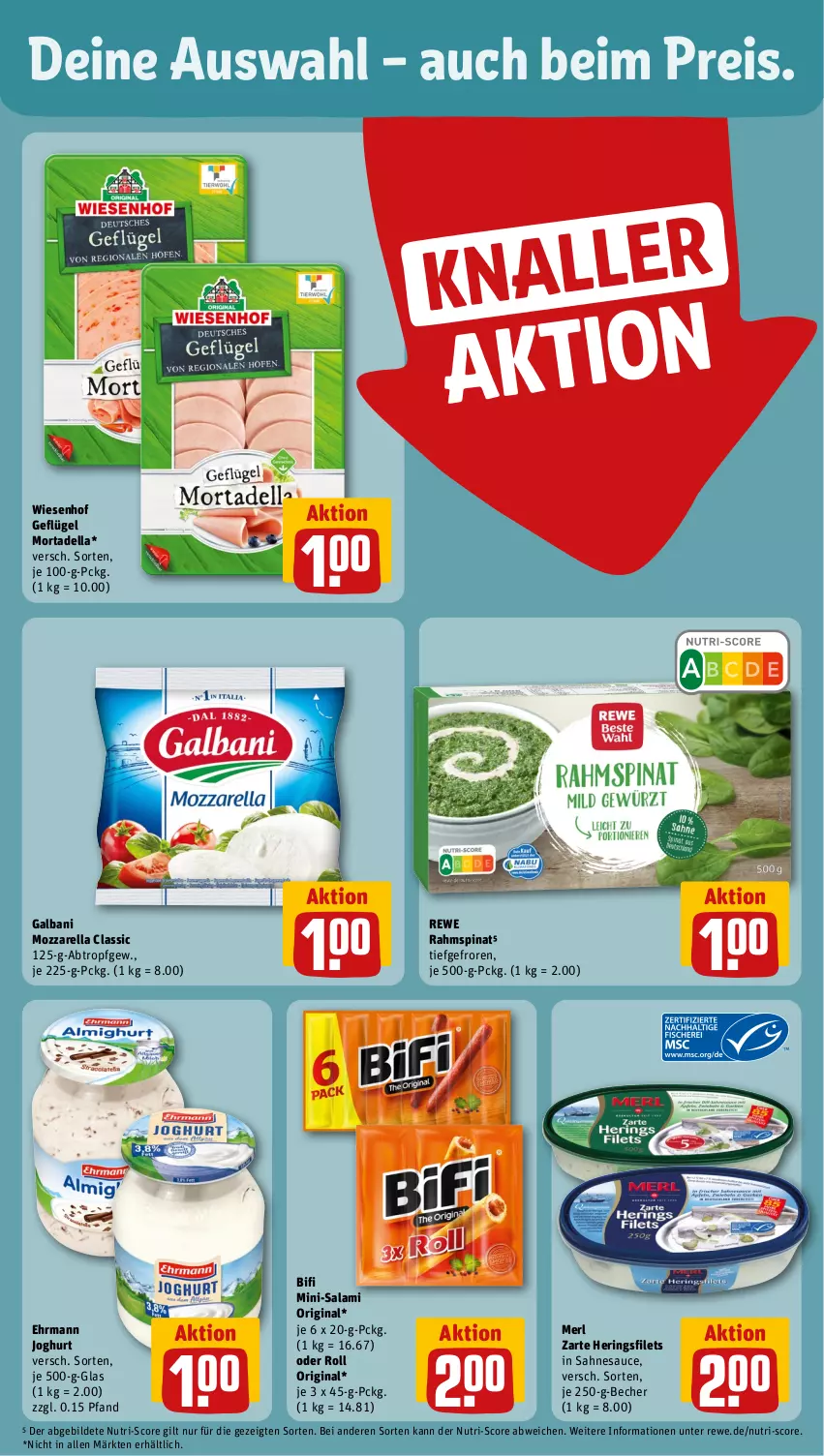 Aktueller Prospekt Rewe - Prospekte - von 16.10 bis 21.10.2023 - strona 4 - produkty: Becher, bifi, dell, ehrmann, eis, filet, filets, galbani, Geflügel, gin, hering, Herings, heringsfilets, joghur, joghurt, merl, Mini-Salami, mortadella, mozzarella, reis, rel, ring, sahne, salami, sauce, spinat, Ti, wiesenhof