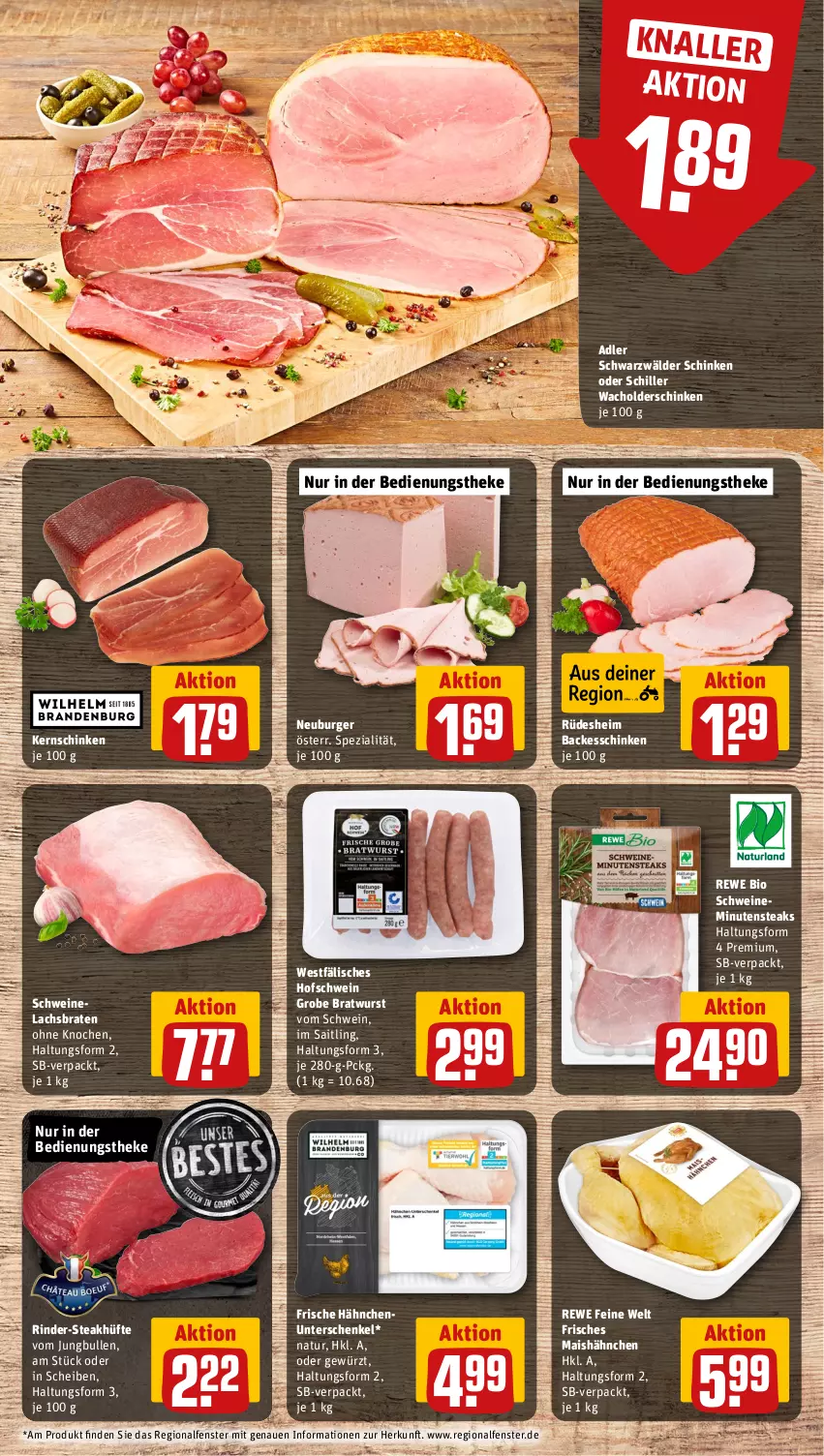 Aktueller Prospekt Rewe - Prospekte - von 16.10 bis 21.10.2023 - strona 8 - produkty: bio, braten, bratwurst, burger, fenster, Frische Hähnchen, gewürz, grobe bratwurst, henkel, jungbullen, kernschinken, lachs, Lachsbraten, mais, minutensteaks, natur, Neuburger, rewe bio, rewe feine welt, rind, rinder, schenkel, schinken, schwarzwälder schinken, schwein, schweine, Schweinelachs, Spezi, steak, steakhüfte, steaks, Ti, wein, weine, wurst