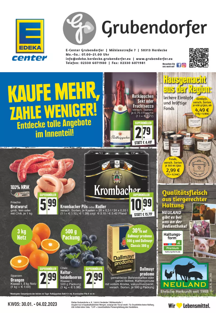 Aktueller Prospekt E Center - Angebote der Woche - von 30.01 bis 04.02.2023 - strona 1 - produkty: beere, beeren, bohne, decke, deka, ecco, eis, elle, ente, erde, frucht, fruchtsecco, heidelbeere, heidelbeeren, HP, kaffee, kaffeegenuss, krombache, krombacher, lebensmittel, nuss, orange, orangen, pils, prodomo, rotkäppchen, sekt, telefon, Ti, uhr, ZTE