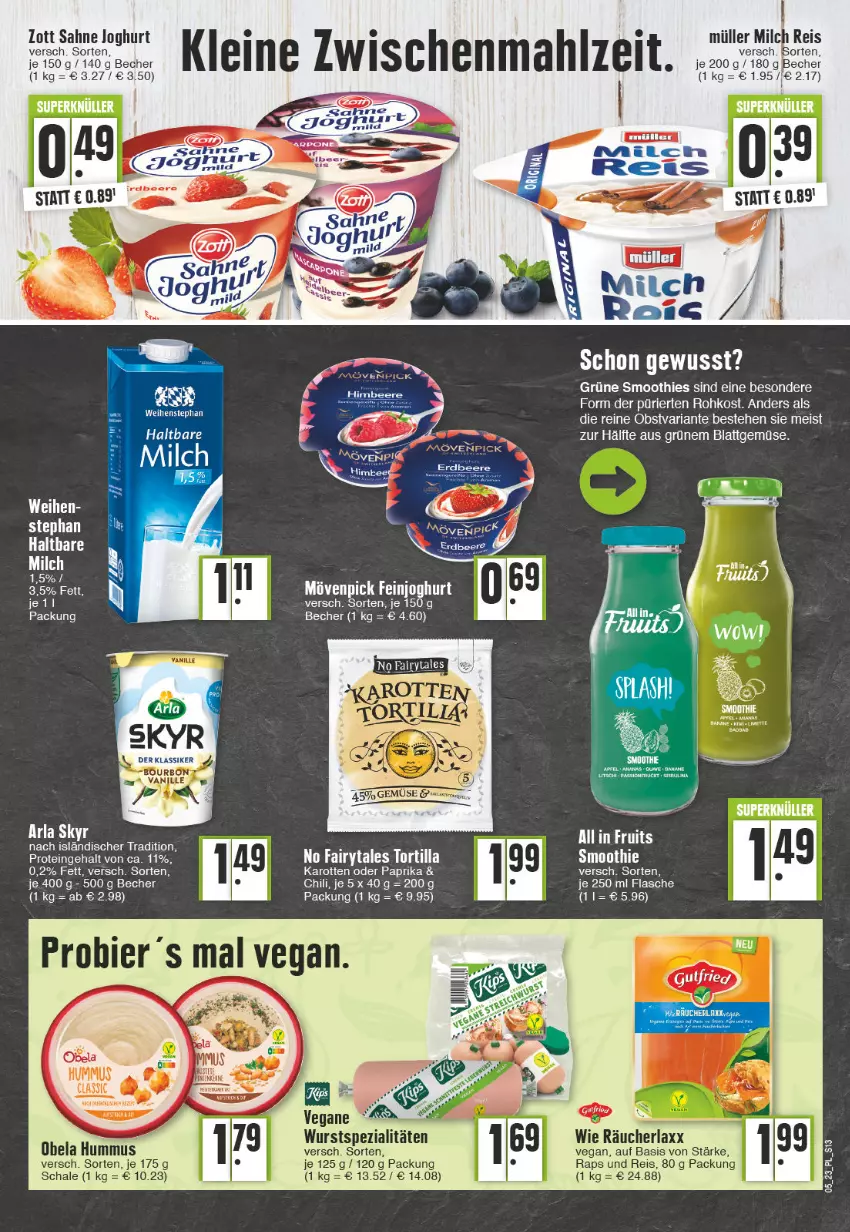 Aktueller Prospekt E Center - Angebote der Woche - von 30.01 bis 04.02.2023 - strona 13 - produkty: arla, arla skyr, Becher, chili, eis, fairy, feinjoghurt, flasche, hummus, joghur, joghurt, karotten, mövenpick, Müller, obst, paprika, reis, Ria, sahne, sahne joghurt, Schal, Schale, Skyr, smoothie, smoothies, Spezi, tee, Ti, tortilla, wurst