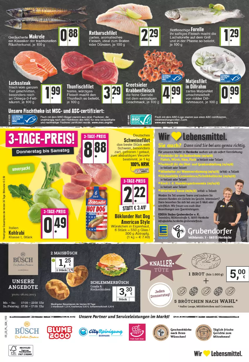 Aktueller Prospekt E Center - Angebote der Woche - von 30.01 bis 04.02.2023 - strona 24 - produkty: aldi, angebot, angebote, böklunder, braten, brot, brötchen, Croissant, croissants, decke, eier, eis, elle, erde, filet, fisch, fische, Fischer, fleisch, forelle, gouda, hot dog, ideal zum braten, kohlrabi, lachs, lebensmittel, mac, Makrele, milch, Milchbrötchen, omega, Omega-3, pfanne, Reinigung, reis, rel, Rotbarsch, rotbarschfilet, saft, sauce, Schere, schnitten, schwein, schweine, schweinefilet, steak, thunfisch, Ti, tisch, uhr, wein, weine, würstchen, ZTE