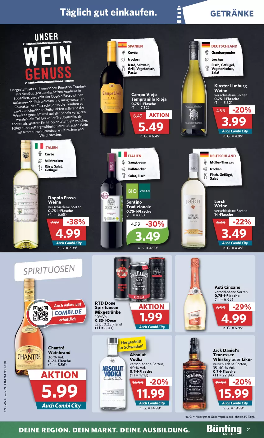 Aktueller Prospekt Combi - Prospekte - von 22.05 bis 27.05.2023 - strona 25 - produkty: Absolut Vodka, asti, burgunder, campo viejo, chantré, cin, cinzano, cuvée, doppio passo, eis, erde, fisch, flasche, früchte, früchten, Geflügel, getränk, getränke, grauburgunder, grill, jack daniel, Käse, kirsch, kirsche, kirschen, likör, Mixgetränk, Müller, Müller-Thurgau, passo, pasta, primitivo, reis, rind, rioja, sac, salat, Schal, Schale, schwein, spirituosen, tempranillo, tennessee whiskey, Ti, tisch, tradizionale, trauben, usb, Vegeta, vodka, wein, weinbrand, weine, whiskey, ZTE