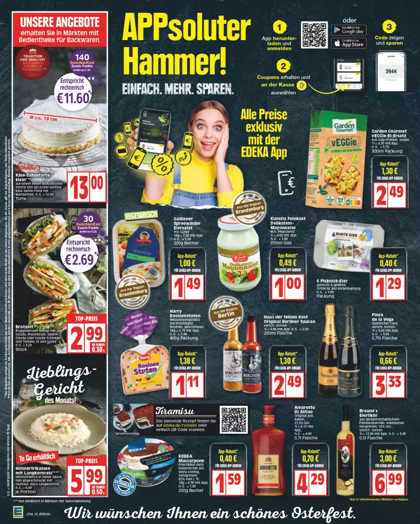 Aktueller Prospekt Edeka - Angebote der Woche - von 27.03 bis 01.04.2023 - strona 10 - produkty: Amaretto, backwaren, Becher, berliner, Cava, deka, eier, eierlikör, eiersalat, eis, elle, feinkost, flasche, garden gourmet, gin, gouda, gurke, hühner, korn, Langkornreis, likör, mandarine, mandarinen, mascarpone, mayonnaise, nerf, pflanze, pflanzen, Pflanzenöl, reis, rezept, salat, sauce, saucen, schinken, schnitten, soja, spreewälder, tee, Ti, tomate, torte, veggie, Yo