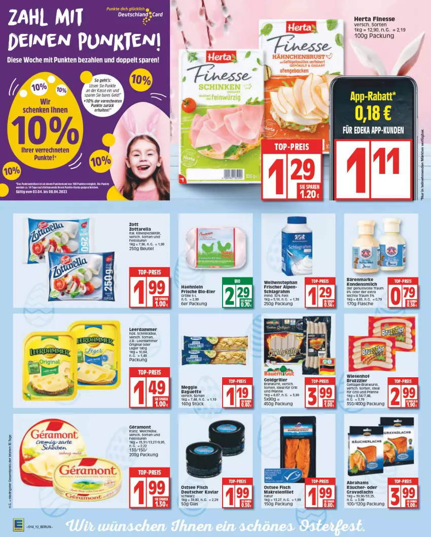 Aktueller Prospekt Edeka - Angebote der Woche - von 27.03 bis 01.04.2023 - strona 12 - produkty: baguette, bärenmarke, beutel, bio, bratwurst, bruzzzler, eis, erde, finesse, fisch, flasche, für grill und pfanne, Geflügel, gin, grill, grill und pfanne, herta, herta finesse, ideal für grill, ideal für grill und pfanne, Käse, kondensmilch, lachs, leerdammer, Makrele, meggle, milch, natur, nuss, pfanne, reis, rel, schlagrahm, schnittkäse, tee, Ti, und pfanne, weihenstephan, wiesenhof, wurst, zott, zottarella, ZTE