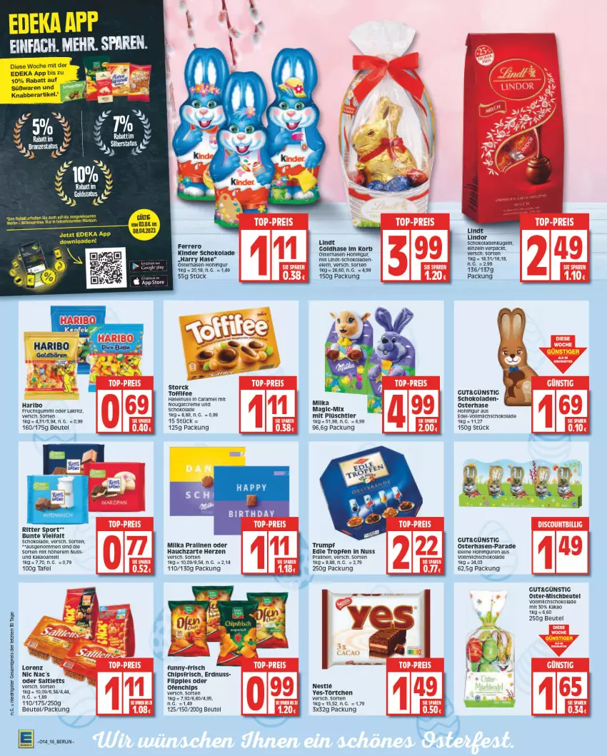 Aktueller Prospekt Edeka - Angebote der Woche - von 27.03 bis 01.04.2023 - strona 16 - produkty: beutel, caramel, chips, chipsfrisch, creme, deka, eier, erdnuss, ferrero, frucht, fruchtgummi, funny-frisch, haribo, haselnuss, kakao, Kinder, kinder schokolade, korb, Kugel, leine, LG, lindor, lindt, lorenz, milka, Nougatcreme, nuss, Ofen, Plüsch, pralinen, ritter, ritter sport, rum, saltletts, schoko, schokolade, schokoladen, Sport, storck, Ti, toffifee, Törtchen