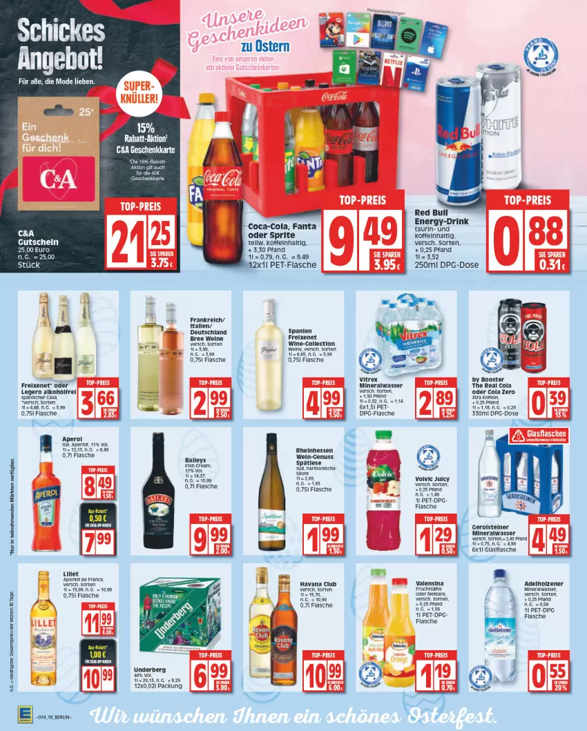 Aktueller Prospekt Edeka - Angebote der Woche - von 27.03 bis 01.04.2023 - strona 18 - produkty: adelholzener, alkohol, Alwa, angebot, aperitif, aperol, bree, Cava, coca-cola, cola, drink, eis, fanta, fanta oder, fanta oder sprite, flasche, freixenet, frucht, fruchtsäfte, gerolsteine, gerolsteiner, glasflasche, gutschein, Havana Club, Holz, irish cream, LG, lillet, mineralwasser, Nektar, nuss, oder sprite, pet-flasche, red bull, reis, säfte, sprite, steiner, Ti, underberg, valensina, vitrex, volvic, wasser, wein, weine, ZTE