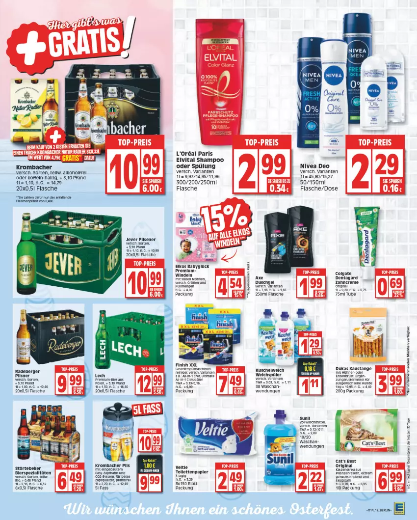 Aktueller Prospekt Edeka - Angebote der Woche - von 27.03 bis 01.04.2023 - strona 19 - produkty: alkohol, arla, aust, axe, axe duschgel, Bau, Berger, bier, bierspezialitäten, binden, bio, citrus, colgate, creme, deo, duschgel, eis, elkos, elvital, ente, Entenbrust, Finish, flasche, geschirr, gin, hühner, jever, jever pilsener, Katzenstreu, krombache, krombacher, krombacher pils, Kuschelweich, l'oreal, LG, nivea, Pants, papier, pflanze, pflanzen, pils, pilsener, pilsner, radeberger, reiniger, reis, rel, shampoo, shampoo oder spülung, Spezi, spülmaschinen, spülung, störtebeker, sunil, Ti, vita, vollwaschmittel, waschmittel, weichspüler, windeln, zahncreme, ZTE