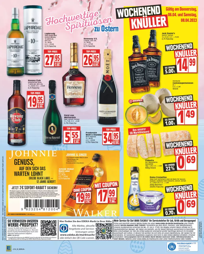 Aktueller Prospekt Edeka - Angebote der Woche - von 27.03 bis 01.04.2023 - strona 20 - produkty: angebot, angebote, auer, Becher, black label, Brei, brot, brut, Cognac, coupon, creme, deka, dessert, desserts, eis, elle, Engel, flasche, fürst von metternich, gin, Havana Club, islay single malt, jack daniel, jack daniel's, johnnie walker, lack, laphroaig, LG, Liege, melone, melonen, Mett, metternich, nuss, papier, perla, rama, rama cremefine, reis, rel, Roller, rum, sauce, saucen, scotch, scotch whisky, sekt, single malt, sofort-rabatt, suppe, suppen, telefon, Ti, top-preis, uhr, whisky, ZTE