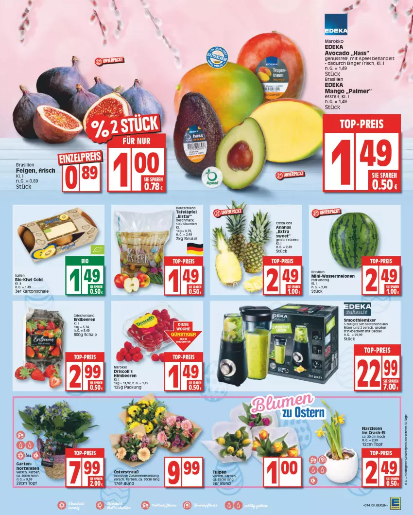 Aktueller Prospekt Edeka - Angebote der Woche - von 27.03 bis 01.04.2023 - strona 3 - produkty: ananas, avocado, Becher, beere, beeren, beutel, bio, decke, Deckel, deka, eis, erdbeere, erdbeeren, Feigen, früchte, himbeer, himbeere, himbeeren, kiwi, Kiwi Gold, LG, mac, mango, melone, melonen, Mixer, Narzissen, nuss, reis, Schal, Schale, tafeläpfel, Ti, topf, trinkbecher, wasser, wassermelone, wassermelonen, ZTE