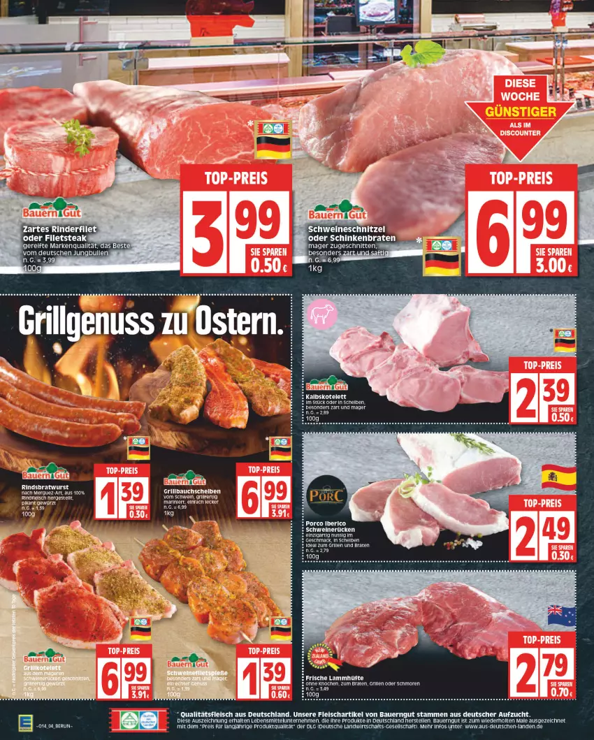 Aktueller Prospekt Edeka - Angebote der Woche - von 27.03 bis 01.04.2023 - strona 4 - produkty: auer, Bau, bauchscheiben, Bauer, bauerngut, braten, bratwurst, eis, elle, fleisch, gewürz, grill, Grillbauch, jungbullen, kalbskotelett, kotelett, lamm, lebensmittel, LG, mac, nuss, reis, rind, rindfleisch, schinken, schinkenbraten, schwein, tee, Ti, wein, wurst