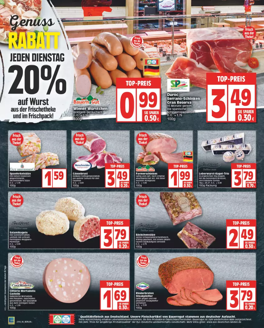 Aktueller Prospekt Edeka - Angebote der Woche - von 27.03 bis 01.04.2023 - strona 6 - produkty: auer, Bau, Bauer, bauerngut, braten, brot, dell, eis, elle, fleisch, Geflügel, gewürz, gin, honig, HP, Kugel, lebensmittel, leberwurst, LG, mit pistazien, mortadella, nuss, pfeffer, pistazien, reis, rel, rind, rinder, rinderbraten, saft, salami, schinken, schnitten, serrano, steak, Ti, tisch, Trüffel, wurst, Zelt, ZTE