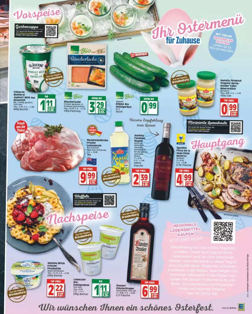 Aktueller Prospekt Edeka - Angebote der Woche - von 27.03 bis 01.04.2023 - strona 7 - produkty: auer, Becher, bio, butter, deka, edeka bio, feinkost, flasche, gin, Gläser, gurke, gurken, Heu, heumilch, joghur, joghurt, joghurt mild, kräuter, kräuterlikör, likör, meerrettich, milch, Rettich, rezept, rezepte, rioja, rotwein, sahne, salat, Salatgurke, salatgurken, Sauerrahm, schlagsahne, schnitten, Ti, wein