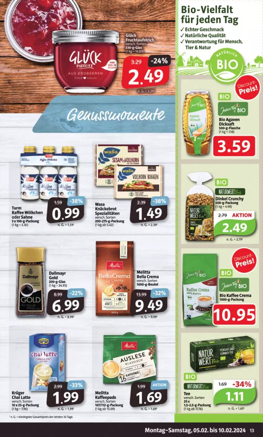 Aktueller Prospekt Markant - Prospekte - von 05.02 bis 10.02.2024 - strona 13 - produkty: agaven, bella crema, beutel, bio, brot, dallmayr, eis, kaffee, kaffeepads, knäckebrot, krüger, latte, mac, melitta, natur, reis, sahne, Spezi, tee, Ti, tuc, wasa, ZTE