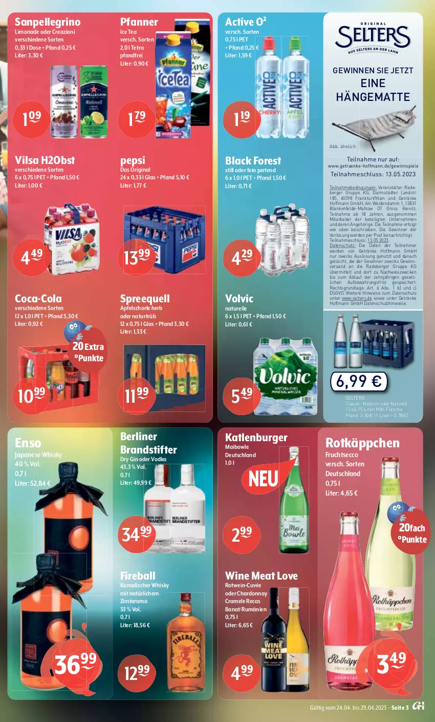 Aktueller Prospekt Getraenke Hoffmann - Prospekte - von 24.04 bis 29.04.2023 - strona 3 - produkty: angebot, angebote, apfel, Apfelschorle, ball, Berger, berliner, berliner kindl, bier, black forest, bowle, briketts, buch, burger, chardonnay, chips, coca-cola, cola, crunchips, cuvée, dry gin, ecco, eis, elle, erde, erdnüsse, flasche, frucht, fruchtsecco, getränk, getränke, gewinnspiel, gin, grill, grill-holzkohle, Guinness, hängematte, Holz, holzkohle, ice tea, jever, jever pilsener, jumbo, katlenburger, Kilkenny, krombache, krombacher, krombacher pils, lack, lamm, LG, limo, limonade, lorenz, lorenz crunchips, Mixer, mixery, mw-flasche, natur, obst, oder radler, pepsi, perlen, pfanne, Pfanner, pils, pilsener, pilsner, profagus, radeberger, radler, rel, rotkäppchen, rotwein, rum, sac, salz, sanpellegrino, schorle, Selters, Spiele, Spreequell, stifte, Ti, Tüte, veltins, veltins pilsener, vilsa, vodka, volvic, weck, wein, whisky