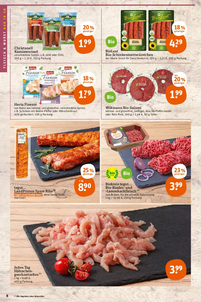 Aktueller Prospekt Tegut - Angebote der Woche - von 04.04 bis 09.04.2022 - strona 10 - produkty: angebot, angebote, bio, Bio-Salami, braten, chili, dekoration, eis, elle, ente, finesse, fleisch, Geflügel, geschnetzeltes, hackfleisch, hähnchenbrust, Hähnchengeschnetzeltes, herta, herta finesse, Kamin, Kaminwurz, lamm, landprimus, Mantel, Mett, natur, pfeffer, reis, rind, rinder, salami, schinken, snack, spare ribs, teller, Ti, wiltmann, wurst, würstchen, Zelt