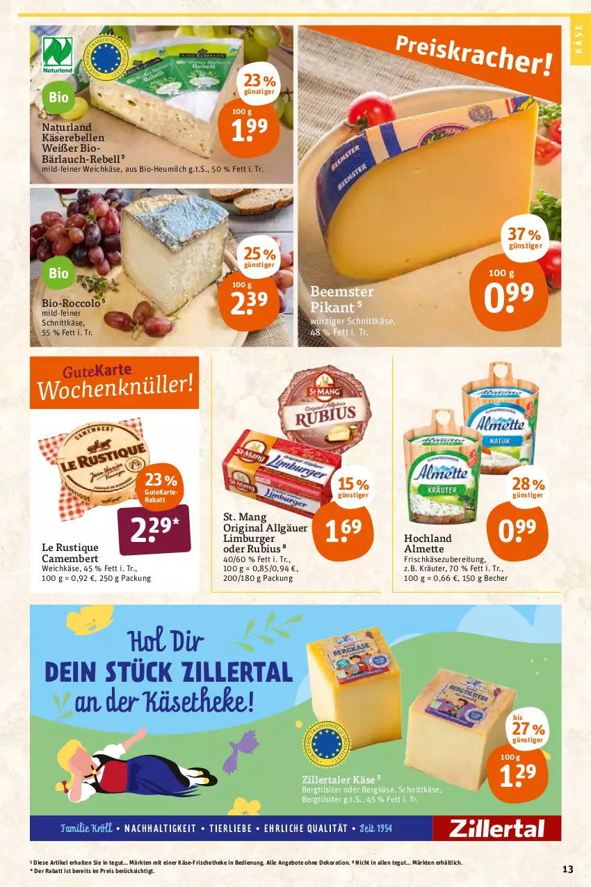 Aktueller Prospekt Tegut - Angebote der Woche - von 04.04 bis 09.04.2022 - strona 15 - produkty: almette, angebot, angebote, Becher, Beemster, Bergkäse, bio, burger, camembert, dekoration, eis, elle, frischkäse, frischkäsezubereitung, gin, Heu, heumilch, hochland, Käse, Käserebellen, käsetheke, kräuter, Le Rustique, LG, Limburger, Mett, milch, natur, naturland, rebell, reis, Rubius, schnittkäse, St. Mang, Ti, Tilsiter, weichkäse