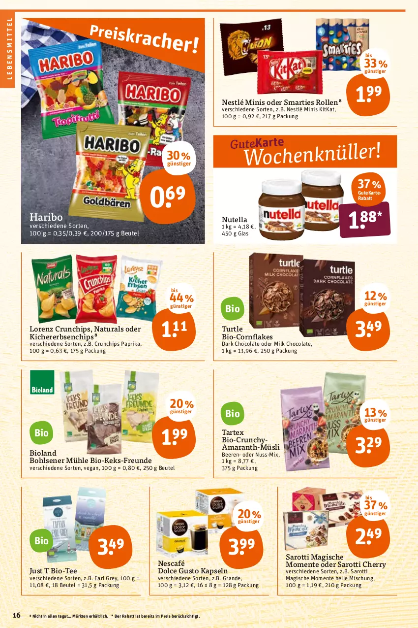 Aktueller Prospekt Tegut - Angebote der Woche - von 04.04 bis 09.04.2022 - strona 18 - produkty: beere, beeren, beutel, bio, bioland, chips, cola, crunchips, dolce gusto, eis, elle, ente, erbsen, flakes, haribo, keks, kichererbsen, kitkat, lebensmittel, lorenz, lorenz crunchips, müsli, natur, natura, Nescafé, nestlé, nuss, nutella, paprika, reis, saro, sarotti, smarties, tee, Ti