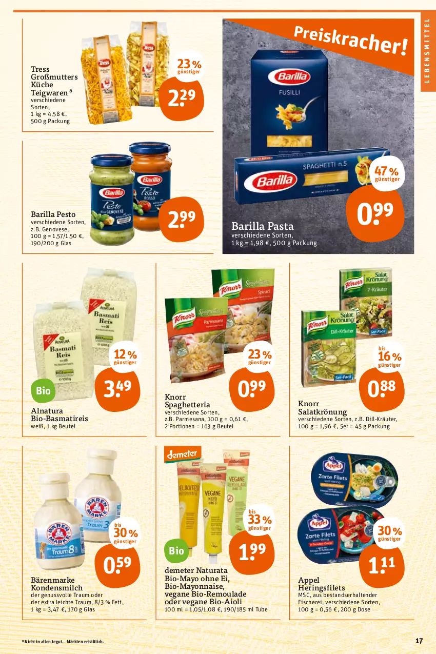 Aktueller Prospekt Tegut - Angebote der Woche - von 04.04 bis 09.04.2022 - strona 19 - produkty: aioli, bärenmarke, barilla, basmati, beutel, bio, eis, filet, filets, fisch, fische, Fischer, genovese, hering, Herings, heringsfilets, knorr, kondensmilch, kräuter, küche, lebensmittel, mayonnaise, milch, natur, natura, nuss, pasta, pesto, reis, remoulade, Ria, ring, salat, salatkrönung, sana, Schere, teigwaren, tender, Ti, Yo