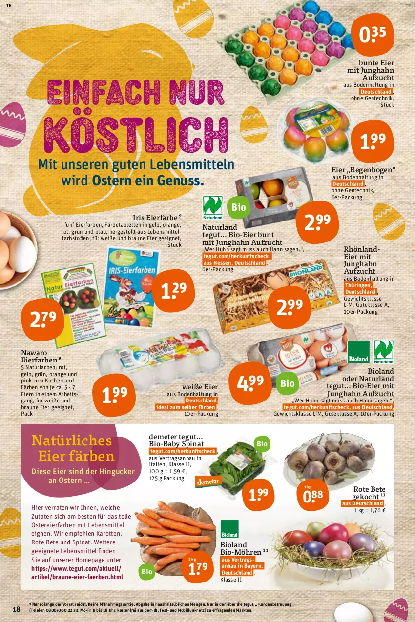 Aktueller Prospekt Tegut - Angebote der Woche - von 04.04 bis 09.04.2022 - strona 20 - produkty: Bau, bio, bioland, braun, eier, ente, karotten, lebensmittel, möhren, natur, naturland, nuss, Omep, orange, ring, rote bete, spinat, tablet, tablett, Tablette, telefon, Ti, uhr