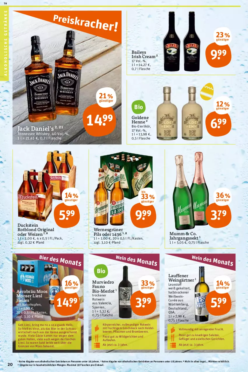 Aktueller Prospekt Tegut - Angebote der Woche - von 04.04 bis 09.04.2022 - strona 22 - produkty: alkohol, alkoholische getränke, baileys, beere, beeren, bier, bio, brombeere, brombeeren, cuvée, Duck, eier, eierlikör, elle, flasche, frucht, Geflügel, getränk, getränke, gin, heidelbeere, heidelbeeren, irish cream, jack daniel, Jack Daniel’s, jahrgangssekt, likör, mac, merl, merlot, mit frucht, mumm, natur, pflaume, pflaumen, pils, ring, rotwein, salat, salate, sekt, tennessee whiskey, Ti, tisch, wein, Weißwein, whiskey, Wild