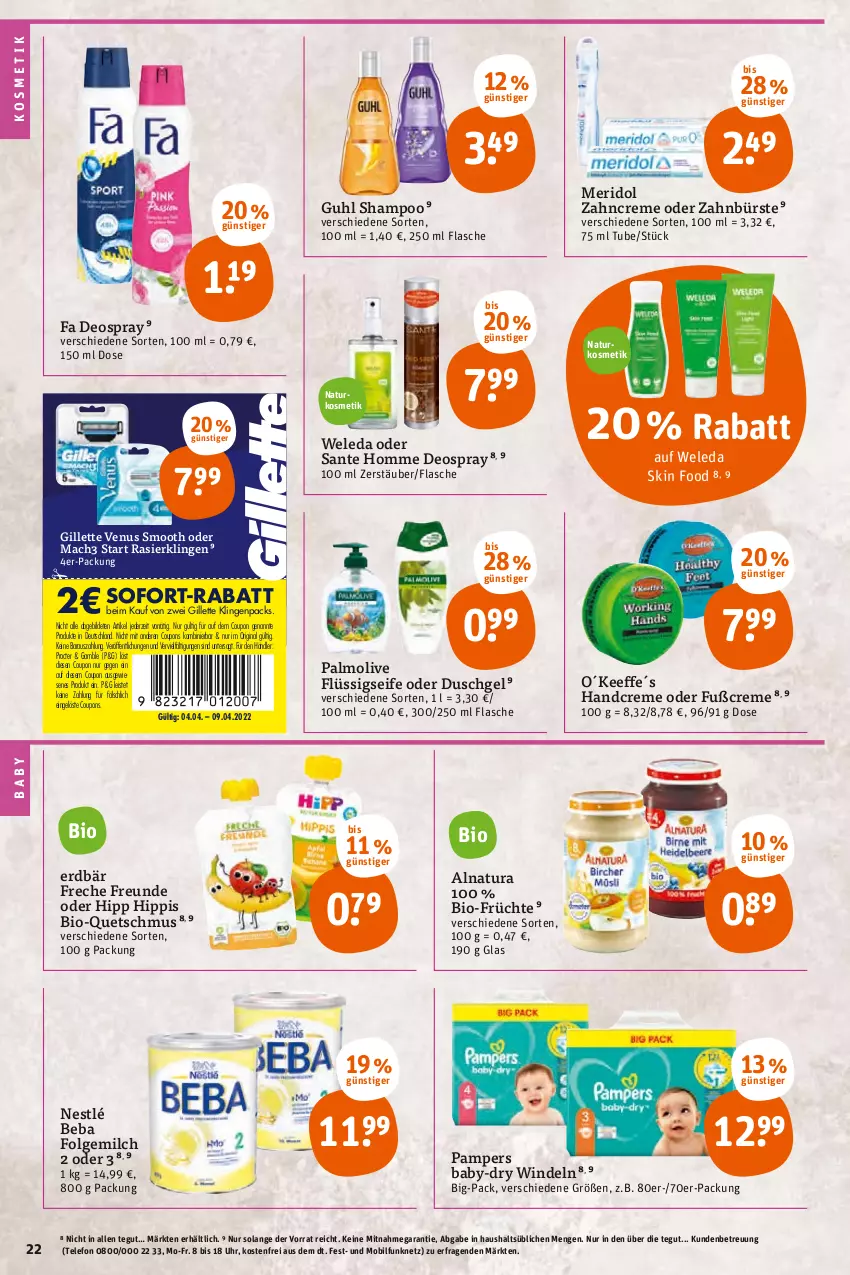 Aktueller Prospekt Tegut - Angebote der Woche - von 04.04 bis 09.04.2022 - strona 24 - produkty: baby-dry, Beba, bio, bürste, coupon, coupons, creme, deo, deospray, duschgel, eis, Erdbär, flasche, flüssigseife, folgemilch, freche freunde, früchte, gillette, gillette venus, gin, Guhl, handcreme, hipp, kosmetik, LG, mac, mach3, meridol, milch, natur, natura, naturkosmetik, nestlé, olive, palmolive, pampers, Rasierklinge, rasierklingen, SANTE, Seife, shampoo, sofort-rabatt, telefon, Ti, uhr, venus, weleda, windeln, zahnbürste, zahncreme