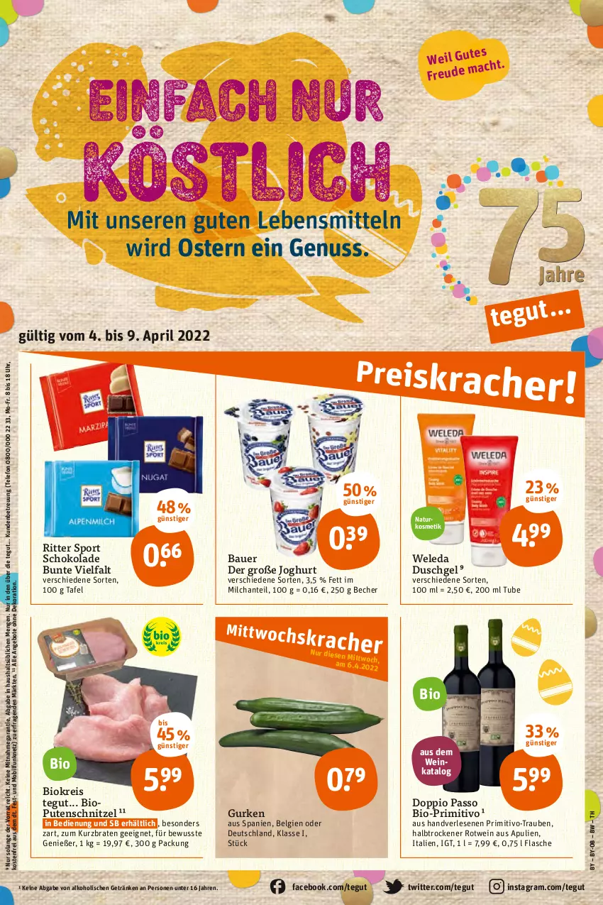 Aktueller Prospekt Tegut - Angebote der Woche - von 04.04 bis 09.04.2022 - strona 3 - produkty: alkohol, angebot, angebote, auer, Bau, Bauer, Becher, bio, braten, dekoration, doppio passo, duschgel, eis, flasche, getränk, getränke, gurke, gurken, joghur, joghurt, kosmetik, lebensmittel, LG, milch, natur, naturkosmetik, nuss, passo, pril, primitivo, pute, putenschnitzel, reis, ritter, ritter sport, rotwein, schnitzel, schoko, schokolade, Sport, telefon, Ti, trauben, uhr, wein, weleda