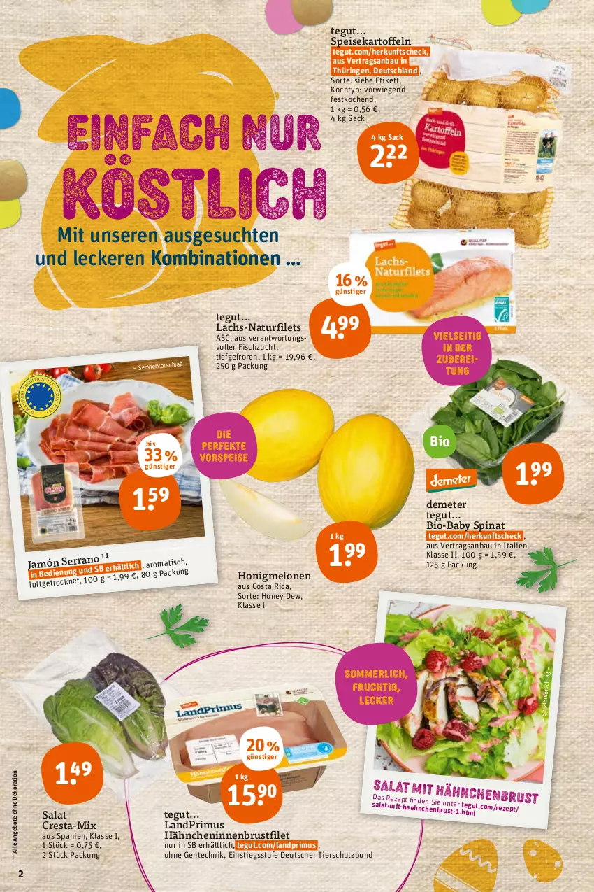 Aktueller Prospekt Tegut - Angebote der Woche - von 04.04 bis 09.04.2022 - strona 4 - produkty: angebot, angebote, Bau, bio, brustfilet, dekoration, eis, ente, filet, filets, fisch, honig, honigmelone, honigmelonen, kartoffel, kartoffeln, lachs, landprimus, melone, melonen, natur, rezept, ring, sac, salat, speisekartoffeln, spinat, Ti, tisch