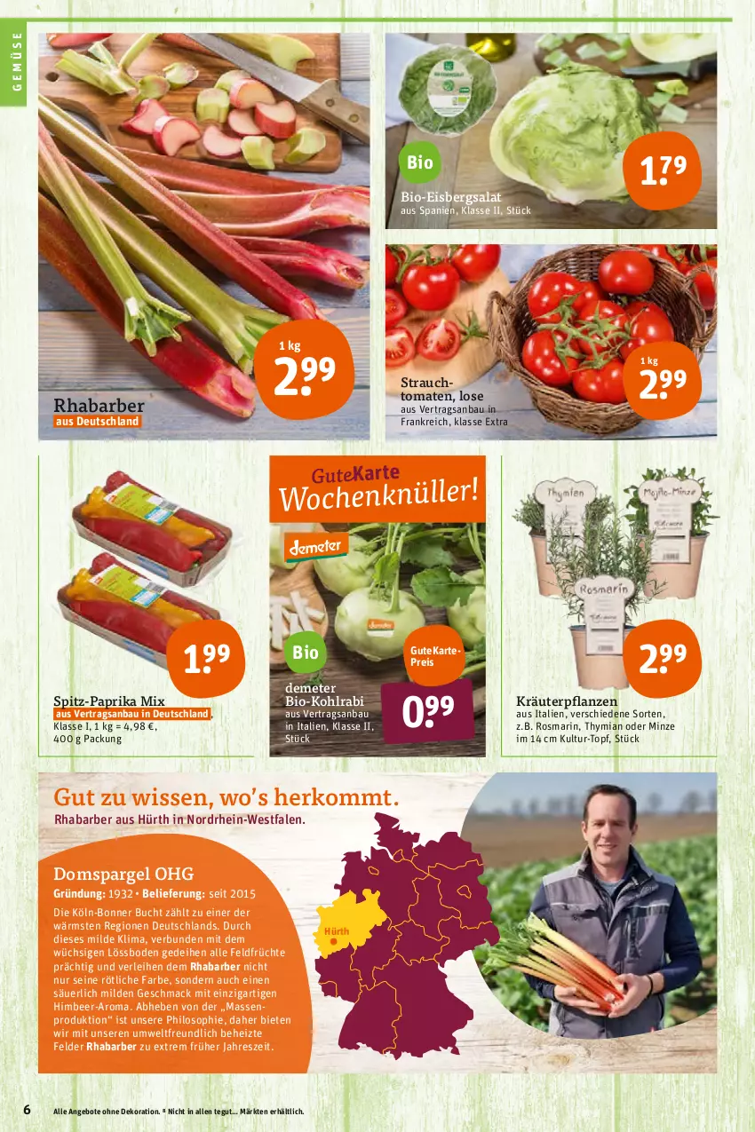 Aktueller Prospekt Tegut - Angebote der Woche - von 04.04 bis 09.04.2022 - strona 6 - produkty: angebot, angebote, Bau, bio, buch, dekoration, eis, eisbergsalat, früchte, himbeer, kohlrabi, kräuter, mac, minze, paprika, paprika mix, pflanze, pflanzen, Rauch, reis, rhabarber, rosmarin, salat, spargel, strauchtomaten, Ti, tomate, tomaten, topf, ZTE