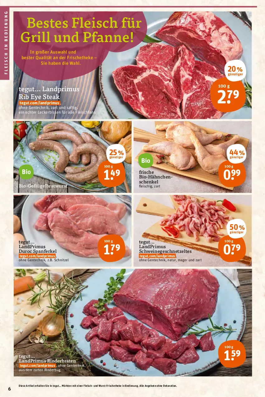 Aktueller Prospekt Tegut - Angebote der Woche - von 04.04 bis 09.04.2022 - strona 8 - produkty: angebot, angebote, bio, braten, bratwurst, dekoration, eis, ente, fleisch, für grill und pfanne, Geflügel, geschnetzeltes, grill, grill und pfanne, hähnchenschenkel, henkel, landprimus, natur, pfanne, rind, rinder, rinderbraten, saft, schenkel, schnitzel, schwein, schweine, steak, Ti, und pfanne, wein, weine, wurst, Zelt