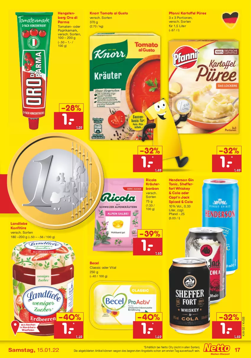 Aktueller Prospekt Netto Marken-Discount - Filial Angebote - von 10.01 bis 15.01.2022 - strona 17 - produkty: angebot, becel, Cap, cola, enders, gin, hengstenberg, kartoffel, knorr, konfitüre, kräuter, landliebe, oro di parma, paprika, pfanni, püree, Ricola, Ti, tomate, tomaten, tomato al gusto, tonic, vita, whiskey, ZTE