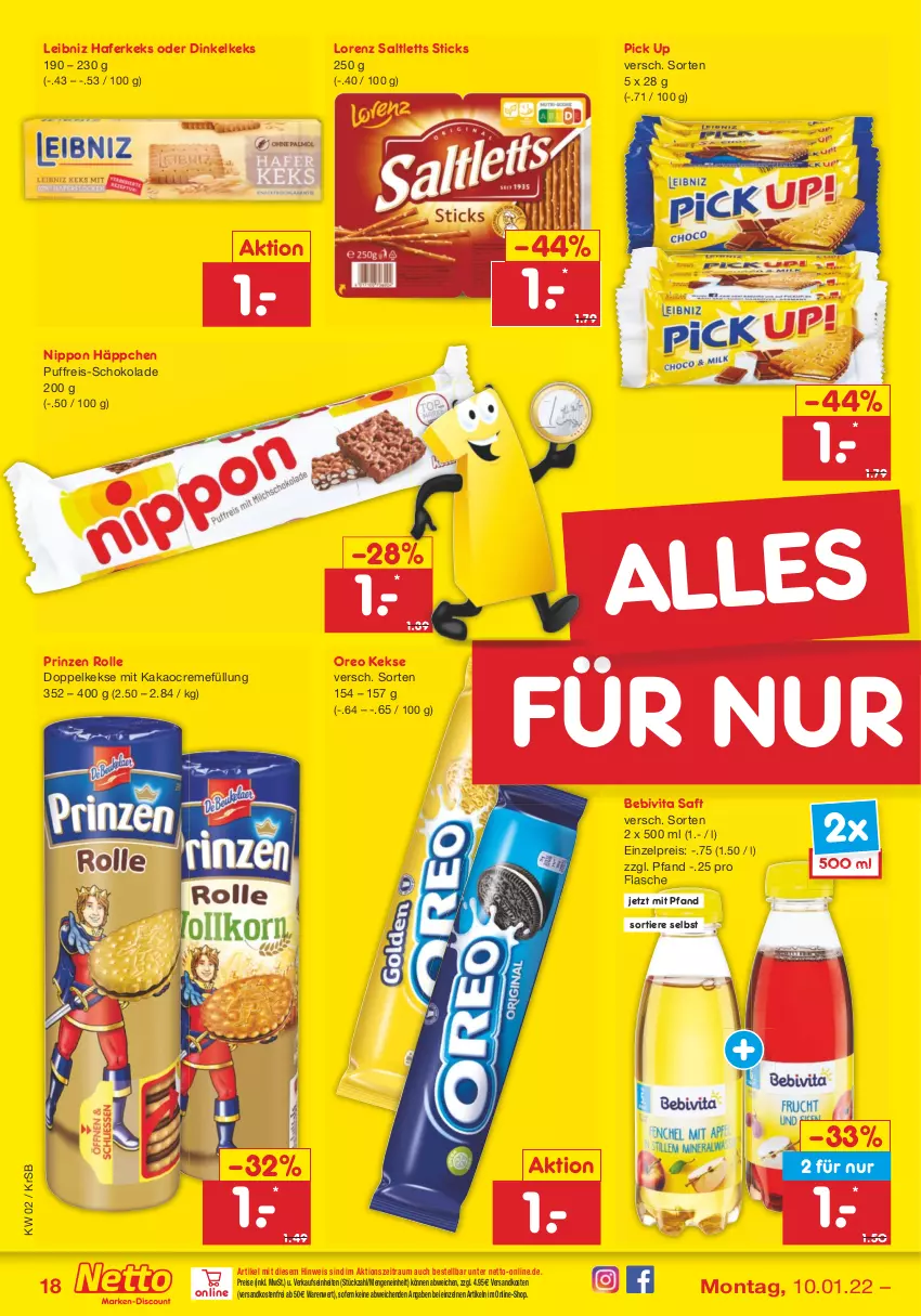 Aktueller Prospekt Netto Marken-Discount - Filial Angebote - von 10.01 bis 15.01.2022 - strona 18 - produkty: bebivita, creme, Doppelkekse, eis, flasche, hafer, kakao, keks, kekse, leibniz, lorenz, ndk, nippon, oreo, prinzen rolle, reis, saft, saltletts, schoko, schokolade, Ti, Tiere, versandkostenfrei, vita