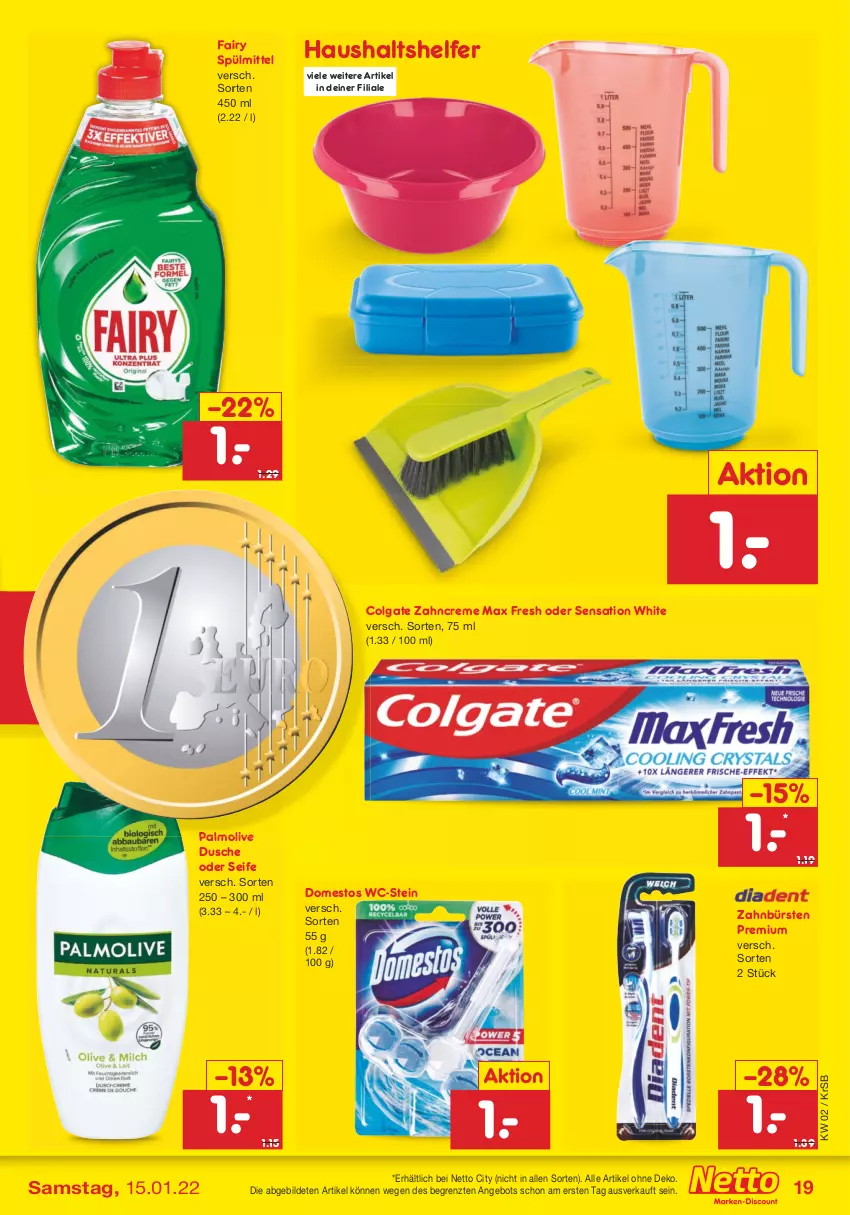 Aktueller Prospekt Netto Marken-Discount - Filial Angebote - von 10.01 bis 15.01.2022 - strona 19 - produkty: angebot, bürste, bürsten, colgate, creme, domestos, dusche, fairy, LG, Max Fresh, olive, palmolive, Seife, spülmittel, Ti, zahnbürste, zahnbürsten, zahncreme, ZTE