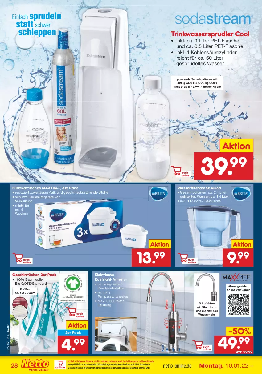 Aktueller Prospekt Netto Marken-Discount - Filial Angebote - von 10.01 bis 15.01.2022 - strona 28 - produkty: armatur, Bau, baumwolle, bio, deo, edelstahl, eis, filterkartuschen, flasche, geschirr, geschirrtücher, Haushaltsgeräte, mac, Maxtra, ndk, pet-flasche, reis, Sprudel, Ti, tücher, versandkostenfrei, wasser, wasserfilter, wassersprudler, wolle