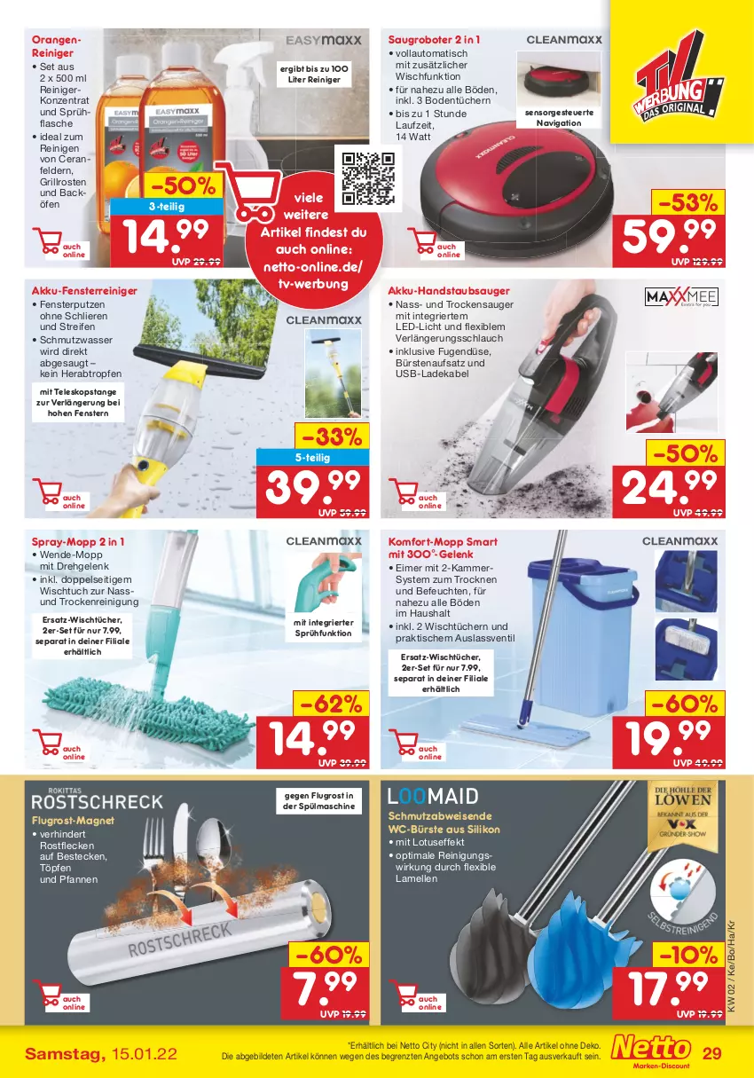 Aktueller Prospekt Netto Marken-Discount - Filial Angebote - von 10.01 bis 15.01.2022 - strona 29 - produkty: akku, akku-handstaubsauger, angebot, auto, besteck, bestecke, Bodentücher, bürste, bürsten, deka, eimer, eis, elle, fenster, flasche, grill, grillrost, gsw, handstaubsauger, ladekabel, led-licht, orange, orangen, pfanne, pfannen, reifen, reiniger, Reinigung, Saugroboter, schlauch, sprühflasche, staubsauger, Teleskop, Ti, tisch, Trockensauger, tuc, tücher, und pfanne, usb, wasser, WC-Bürste, ZTE