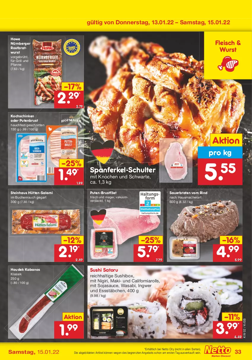 Aktueller Prospekt Netto Marken-Discount - Filial Angebote - von 10.01 bis 15.01.2022 - strona 33 - produkty: angebot, auer, Berger, braten, bratwurst, brustfilet, buch, eis, filet, fleisch, für grill und pfanne, grill, grill und pfanne, Hausmacher, houdek, ingwer, kabanos, kochschinken, mac, nürnberger, pfanne, pute, putenbrust, Rauch, rind, rostbratwurst, salami, sauce, schinken, schnitten, soja, sojasauce, steinhaus, Sushi, Ti, und pfanne, wasa, wurst, ZTE